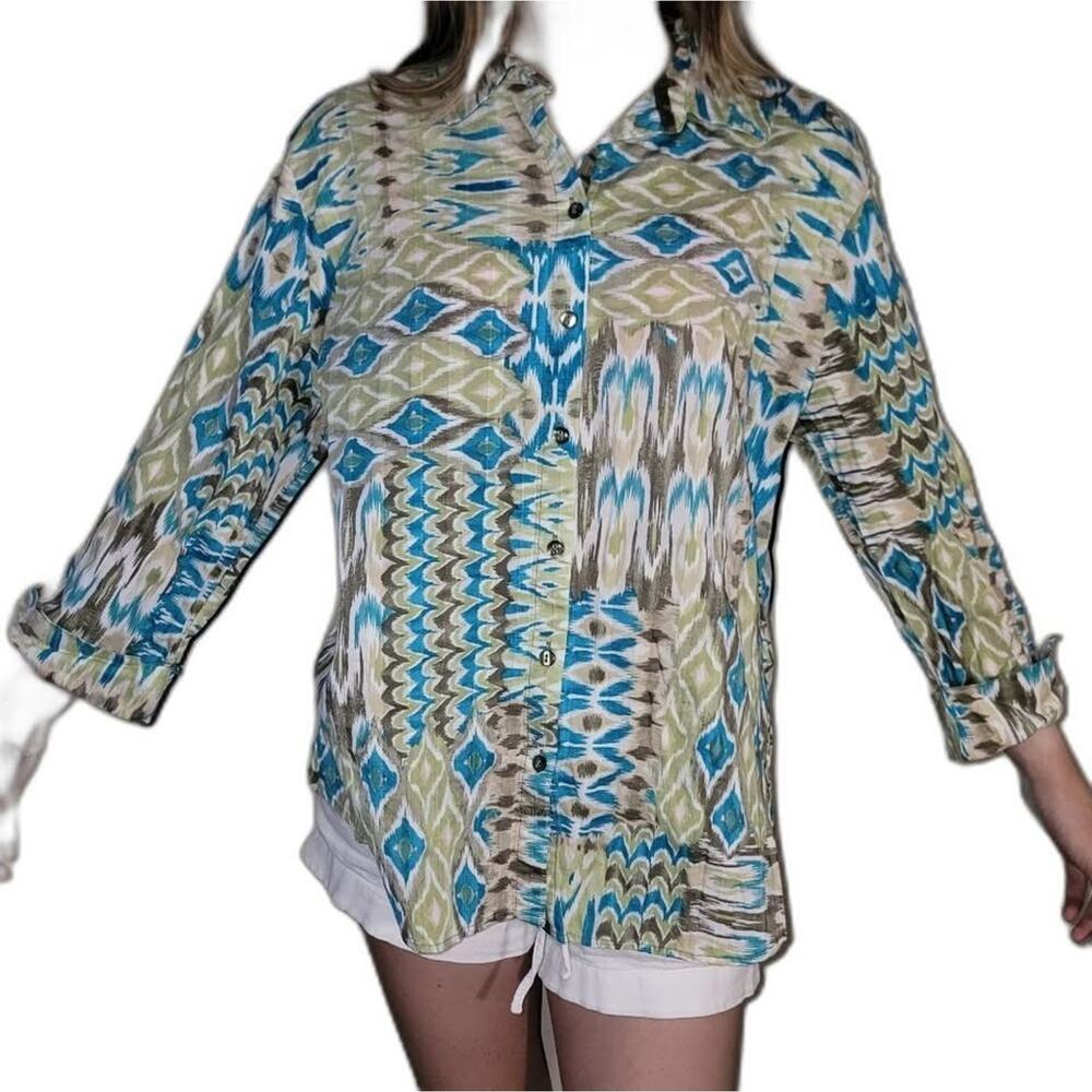 ALLISON DALEY Ikat Patchwork Cotton Button Up Top 3/4 Sleeve Blouse - Sz XL EU